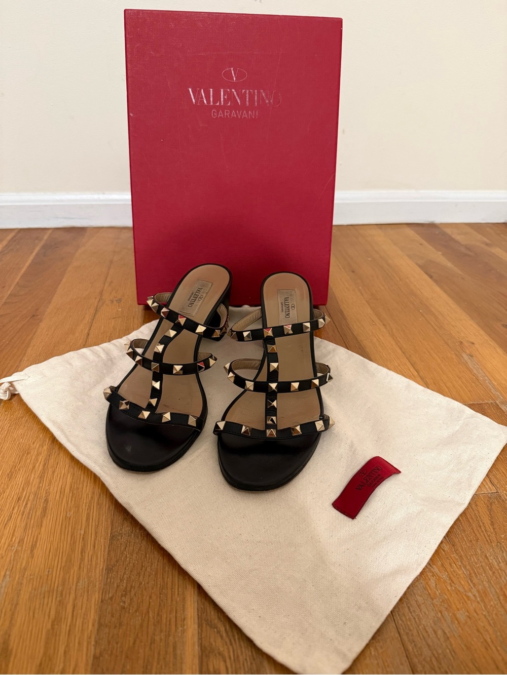 Valentino Garavani Black Leather Rockstud Triple-Strap Sandals
